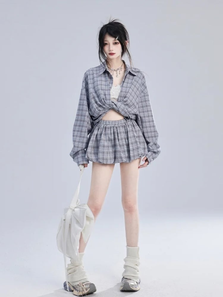 Loose Blue  White Plaid Vintage Shirt/Bubble Skirt