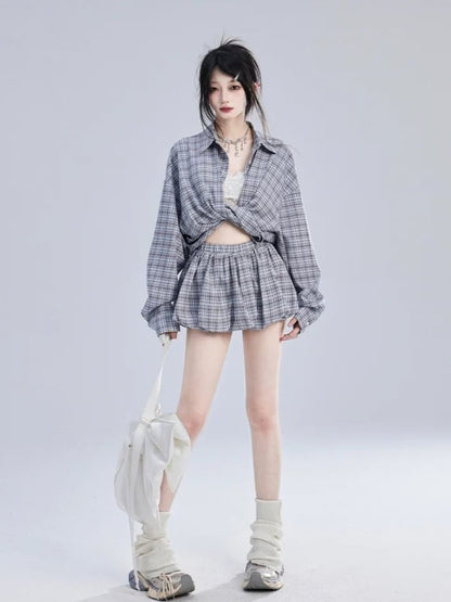Loose Blue  White Plaid Vintage Shirt/Bubble Skirt