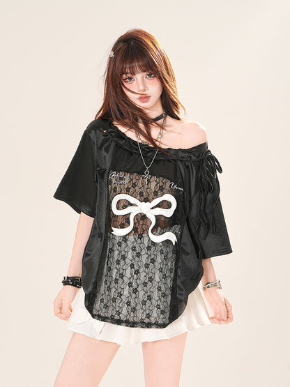 Black/White Big Off-the-shoulder T-shirt Lace Bow Patches Print Waist