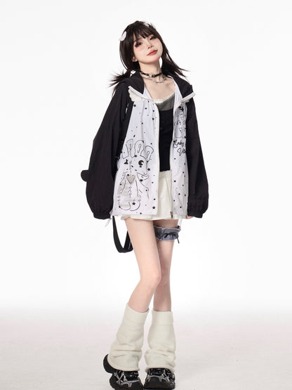 Design Hood Ears Kitty Colorblock Zip-up Jacket Cartoon Print Black/Green