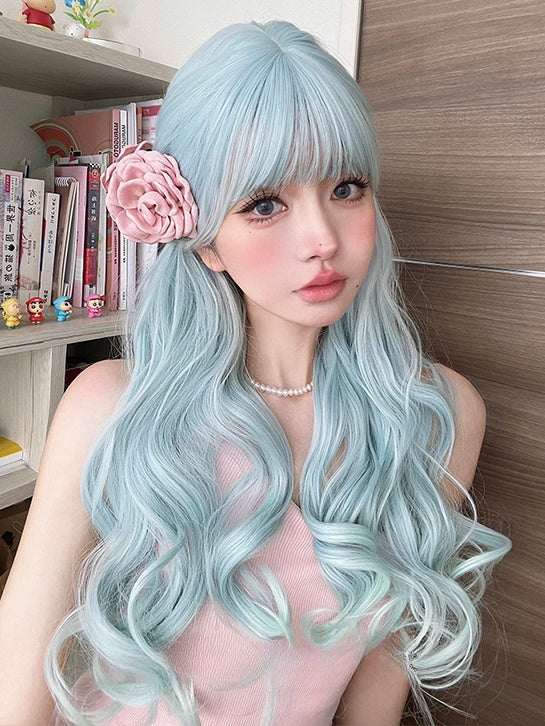 Light Blue 60CM Under Bust Length Wavy Wig With Bangs