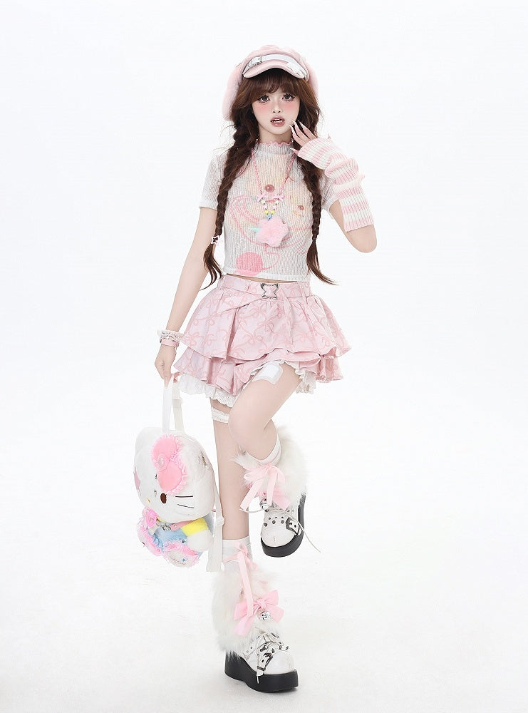 Cropped Beige/Light Pink Yume T-Shirt Adorable Animal Print Semi-sheer Kawaii