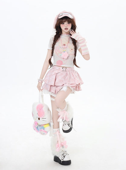 Cropped Beige/Light Pink Yume T-Shirt Adorable Animal Print Semi-sheer Kawaii