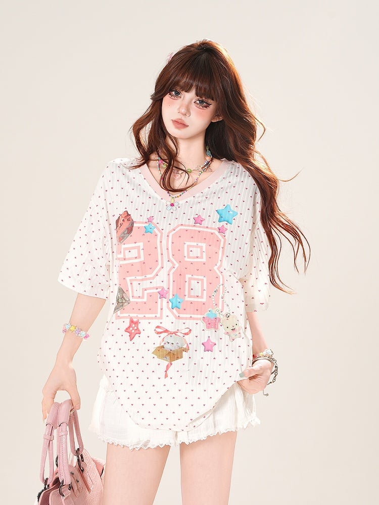 Pink Polka-dot Pattern T-Shirt Print Star V-Neck Loose