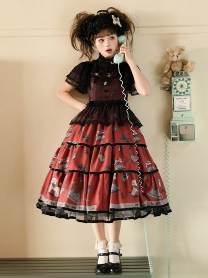 Puppy and Telephone Print Tiered Skirt Black and Red Sweet Lolita Jumper Skirt