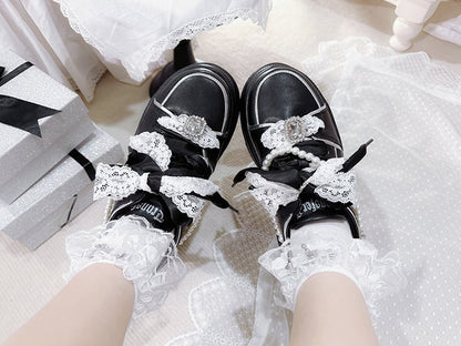 Jirai Kei Black Rhinestone Platform Shoes with Detachable Beaded Chain