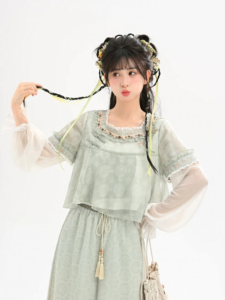 Green Jacquard Cheongsam Knot Buttons Chiffon Top Embroidery Style Floral Neckline