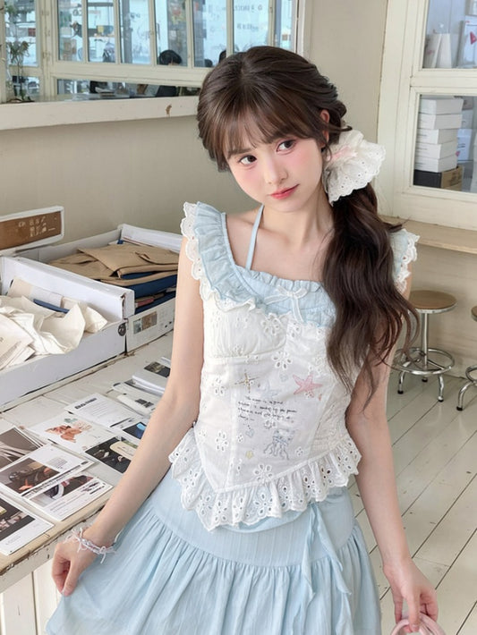 Curved Sleeves White Hem Sleeveless Top Starfish and Jellyfish Graffiti Flutter