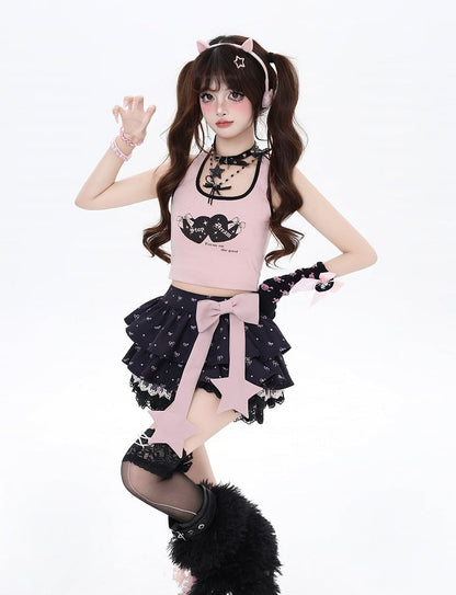 Allover Bowknot Print Schleife Spitze Rosa Große Schwarze Gefütterte Stufenrockbesatz