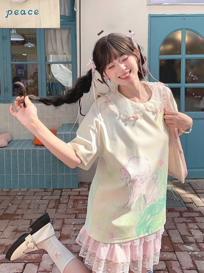 T-Shirt Light Green Round Neck Graffiti Lamb Print Loose