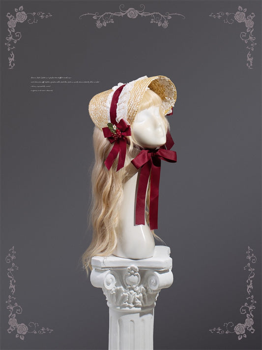 Bonnet Lolita Country Cottagecore Rouge Vin à Gros Nœud