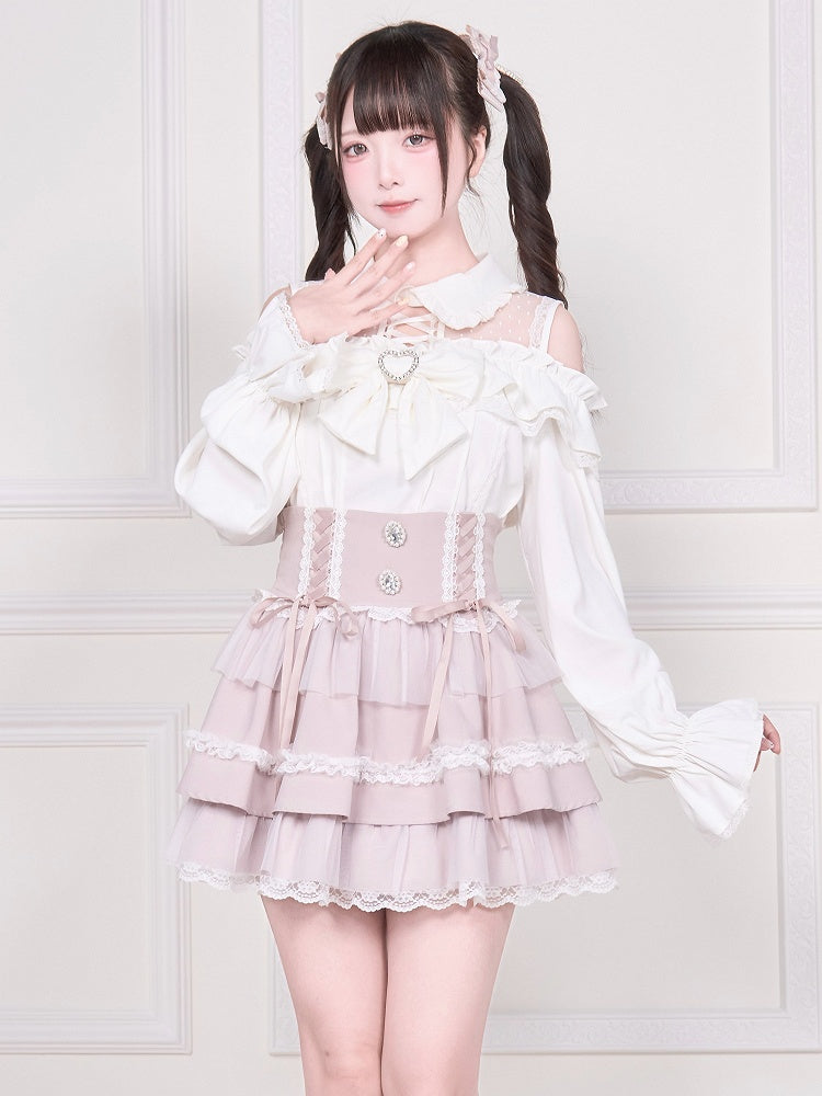 Kei Blouse Sleeve Cold Shoulder Neckline White Long with Jirai Illusion Top