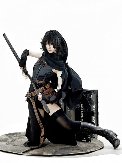 Shawl Gray Dress Sleeves Thigh-high Sleeveless Belt Slit Black Shorts + and Hood