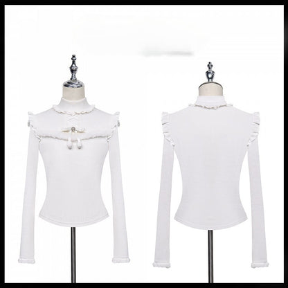 Jirai Kei Plush Trim Cutout Detail Bow Rhinestone Embellished White Top