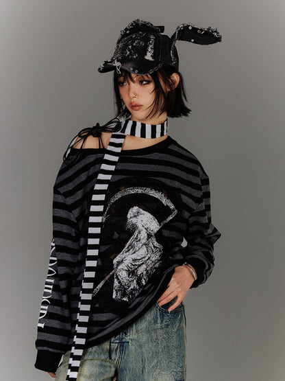 Black  Gray Stripes Applique Design Asymmetrical Neckline Drawstring Punk Top