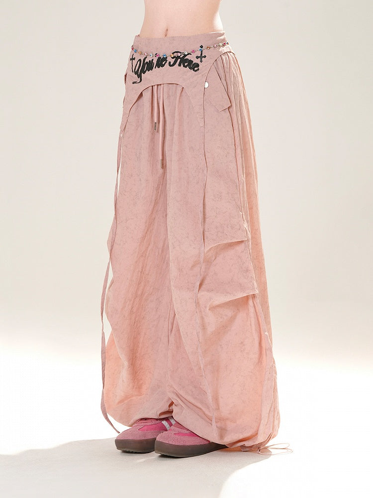 Accessory Pink/Gray Drawstring Wide-Leg Pants with Waist