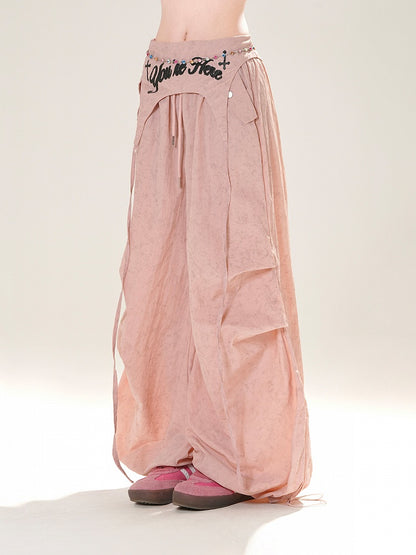 Accessory Pink/Gray Drawstring Wide-Leg Pants with Waist