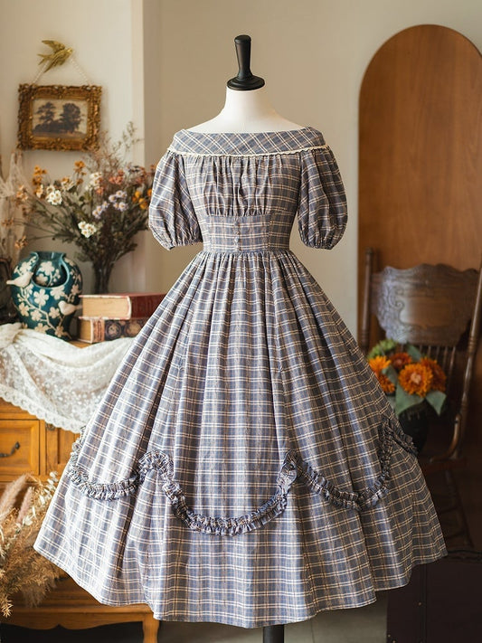 Dress Cottagecore Puff Blue Dusty Retro Sleeves Fashion Plaid Off-the-shoulder Neckline
