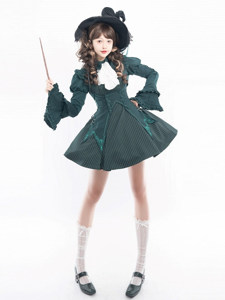 Ensemble complet robe lolita à rayures vertes Serpentard + gilet + haut court