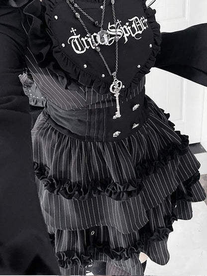 Pattern Off-the-shoulder Letter Neckline Print Bell Black Sleeves Striped Gothic Dress