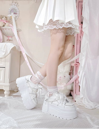 Jirai Kei White Rhinestone Platform Shoes with Detachable Beaded Chain