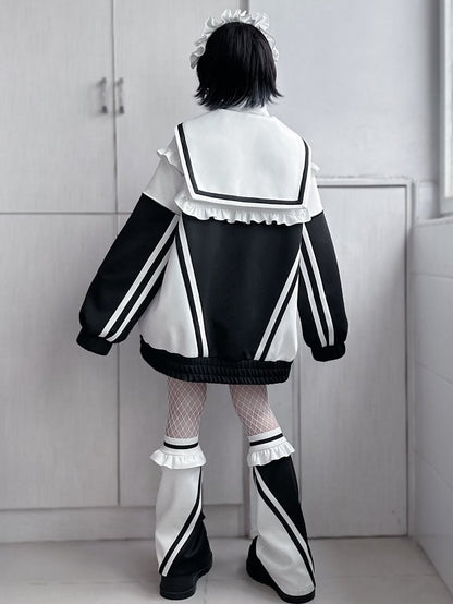 Sailor Zip WhiteBlack Collar Jacket Jirai Sweatshrit Closure Kei