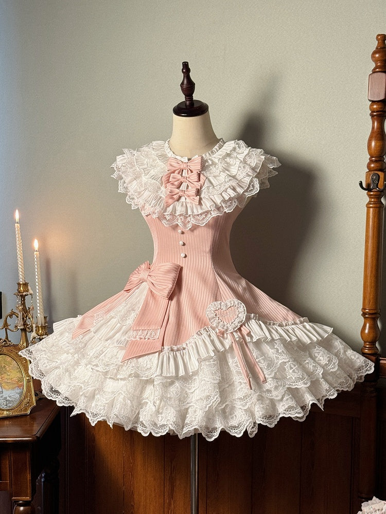 White Sleeveless Pink Dress Slim Striped Layered Neck Fabric Lolita Ruffle Sweet Waist Fit