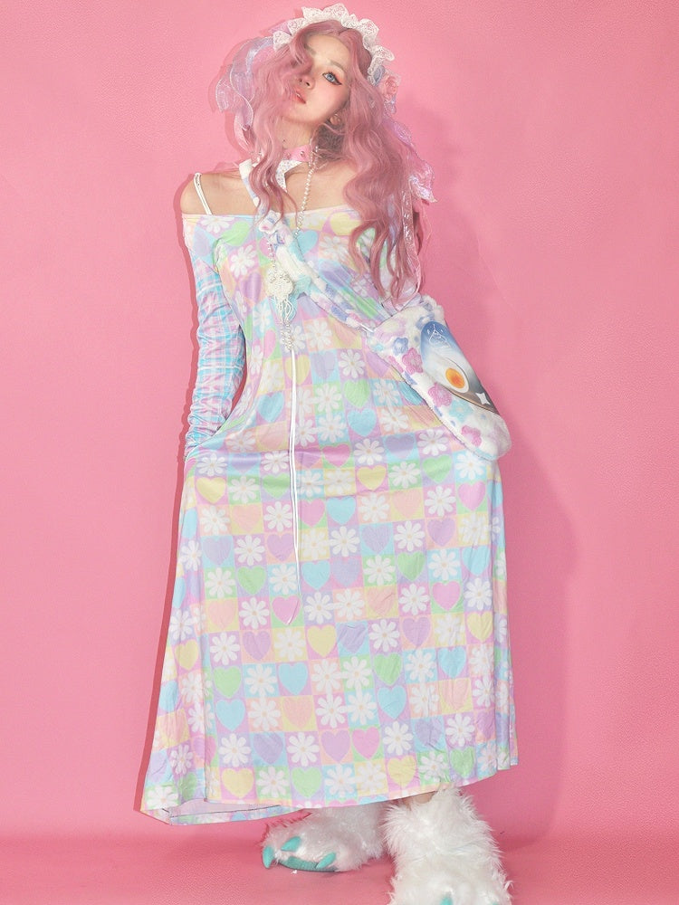 Colorful Bear Y2K Print Floral Heart Pattern And Dress Checked