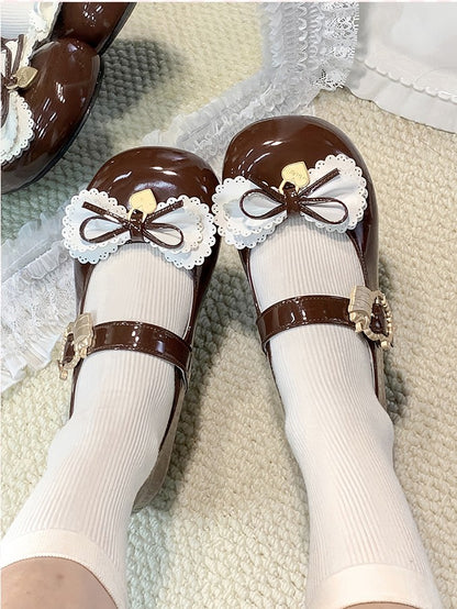 Mehrschichtiges Braun - Süße Charm-Schuhe mit niedrigem Absatz und Herzform in Cake Lolita-Schnalle und Schleife