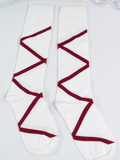 Red Crisscorss Banded Print Calf Socks