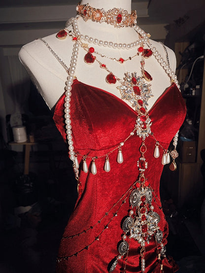 Robe de soirée sirène dos nu en velours rouge/noir