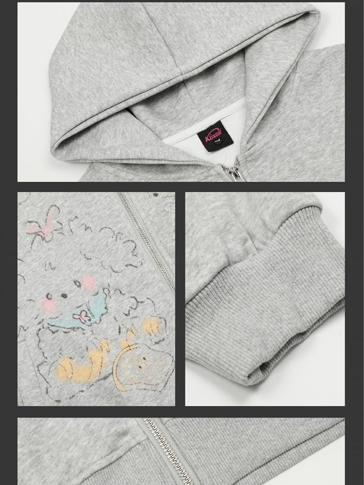 Grey/White Cartoon Animal Print Spring Zip Hoodie