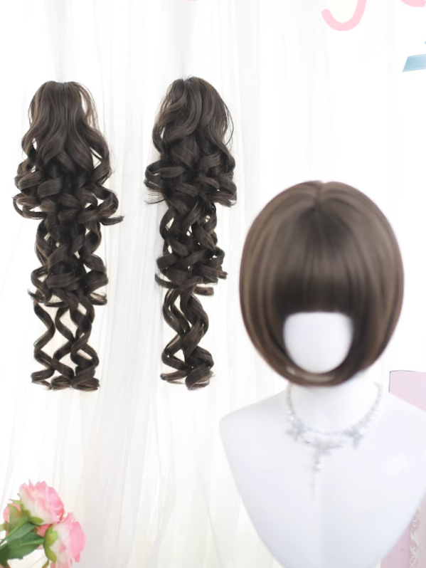 Straight Clips Claw Cut Bangs＋Double 50CM Bob With Ponytail Full Brown/Blonde Wig Wavy 30CM Length