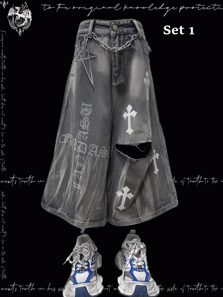 Y2K Blue Cross Appliques Distressed Holes Wide-Leg Jeans