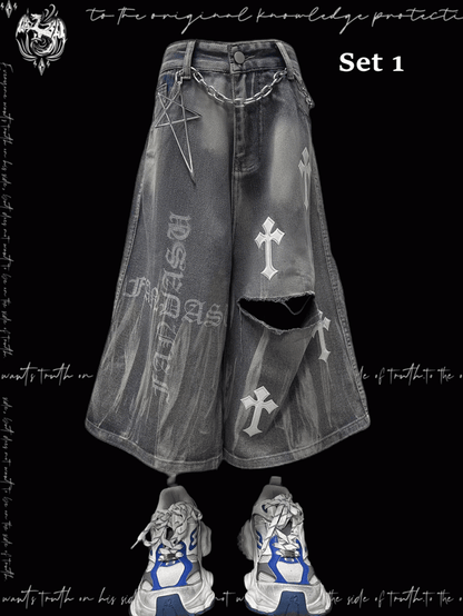 Y2K Blue Cross Appliques Distressed Holes Wide-Leg Jeans