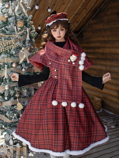 Red Plaid Pattern Under Bust Christmas Vibes Lolita Dress Boned Waist and Plush Hemline Short Version