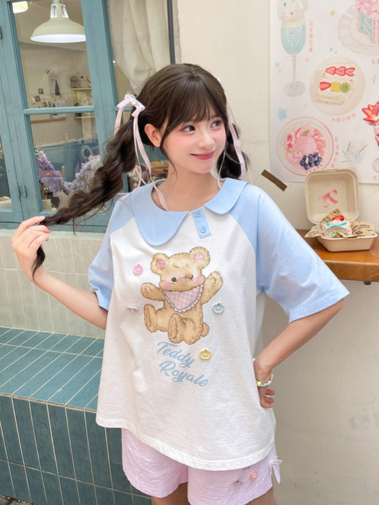 Blue and White Asymmetrical Peter Pan Collar Bear Print T-Shirt Long Version
