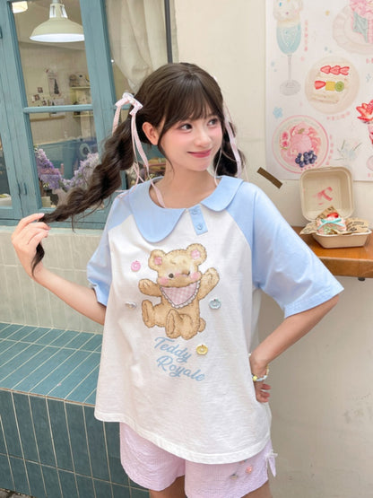 Blue and White Asymmetrical Peter Pan Collar Bear Print T-Shirt Long Version