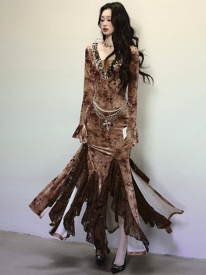 Coffee Sequins V-neck High Waist Lace Patchwork Flounce Mermaid Skirt Velvet Dress Evening Gown