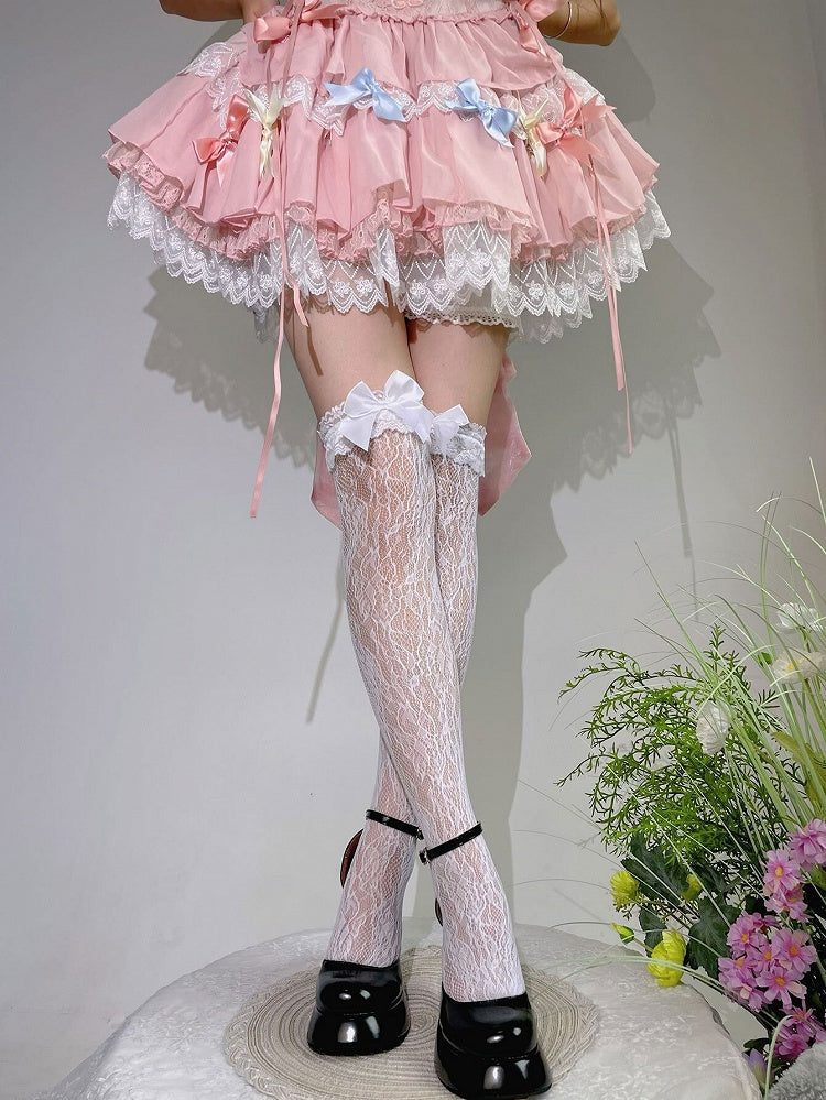 Bas Lolita au-dessus du genou avec bordure en dentelle et nœud blanc