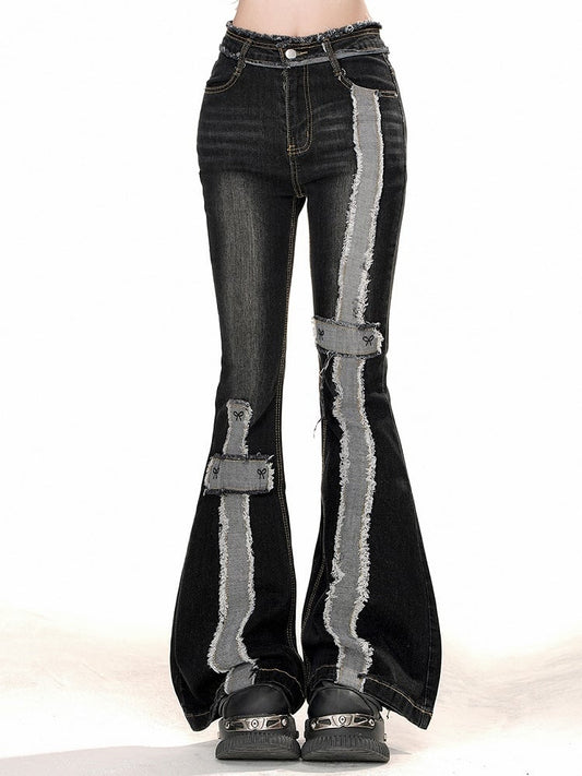 Stripes Raw Jeans Black Edge Flare with Distressed Waist High