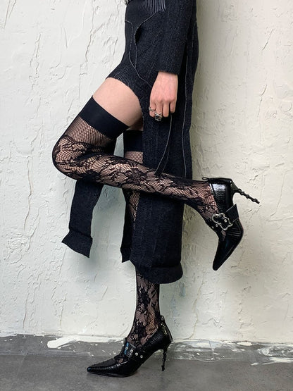 Black Hollow-out Floral Pattern Overknee Stockings
