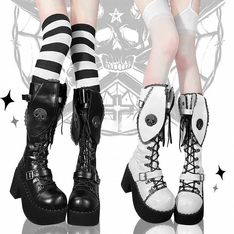 Black Punk Bunny Ear Design Gothic Platform Block Heel Boots