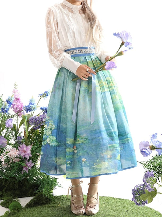 Lily Oil Painting Print Blue Green High Long/Short and Water Waist Skirt Version