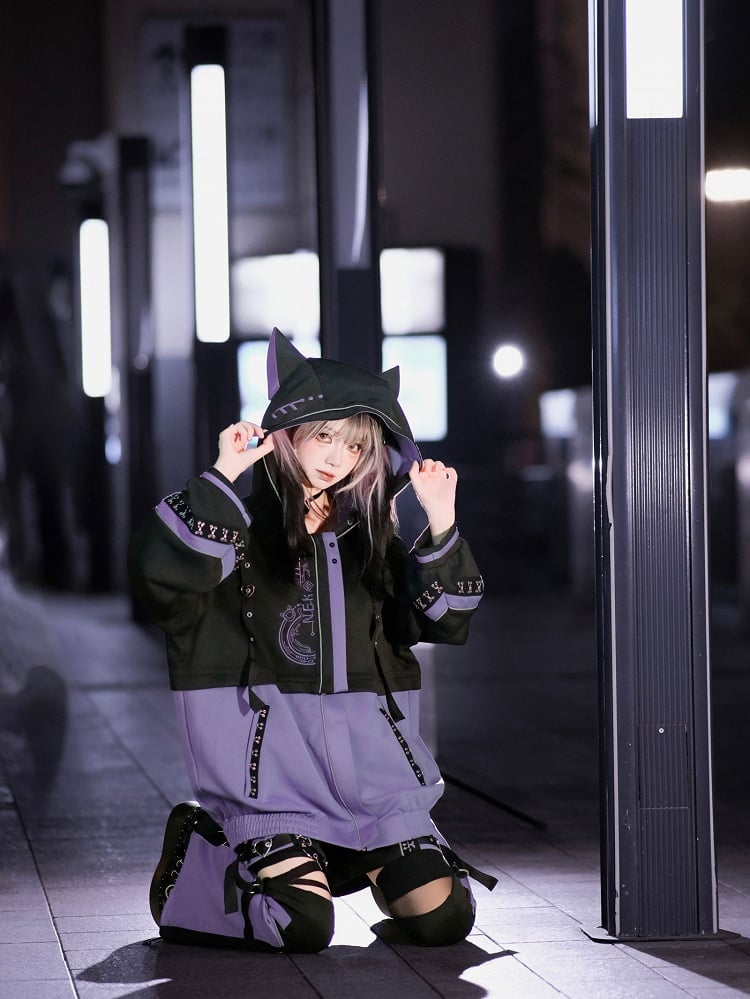 Cyberpunk-Style and Purple Colorblock Black - Techwear Jirai Design Warmers Kei Leg