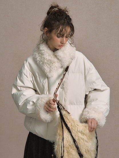 Beige/Brown Short Puffer Jacket with Faux Fur Trim and White Duck Down Filling