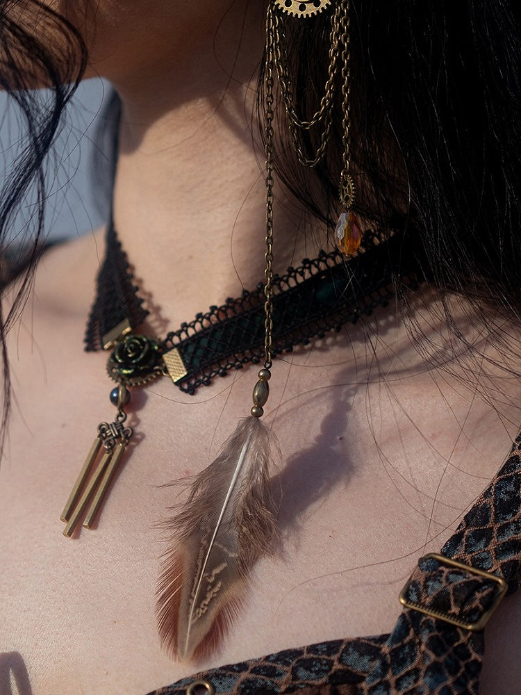 Black with Dark Green Tassels Choker Lace Steampunk