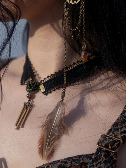 Black with Dark Green Tassels Choker Lace Steampunk