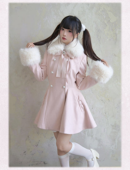 Pink Coat Detachable Jirai Kei Big Bow Fluffy Collar and Cuffs Breasted with Rhinestone Double