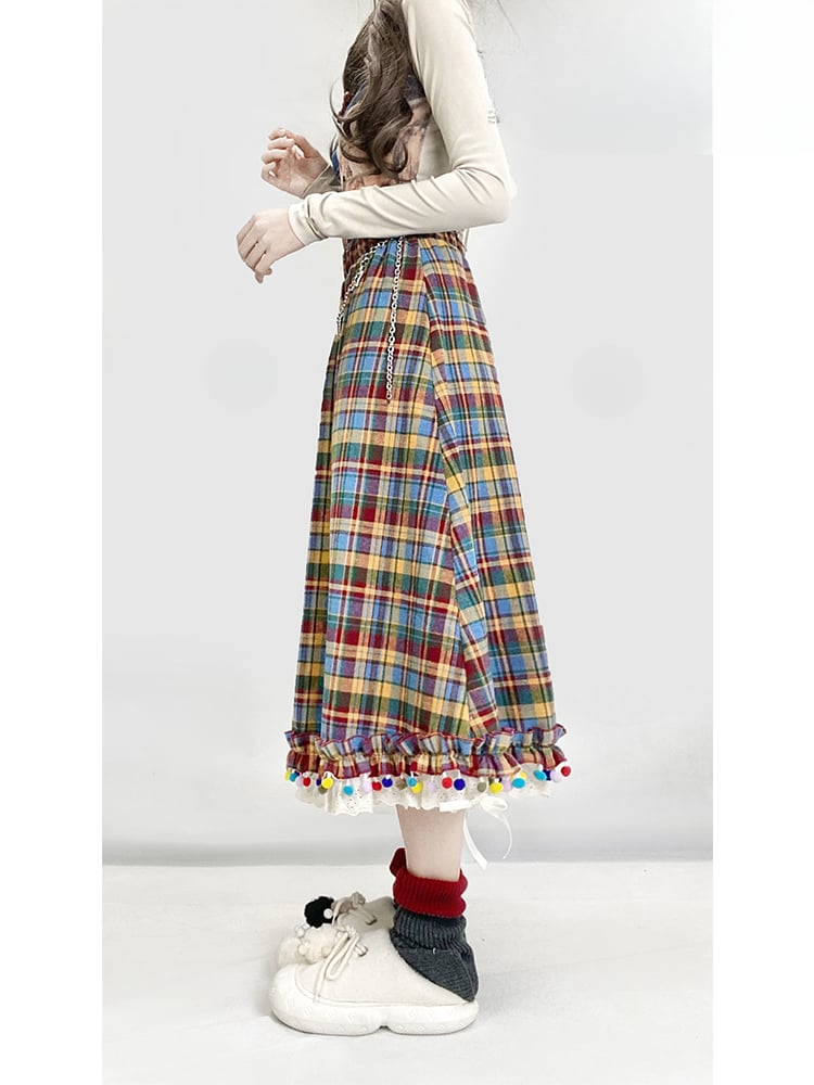 Rainbow Plaid Pompons Hem Midi Length Vintage Skirt
